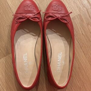 CHANEL Red Leather Loafers with Bow